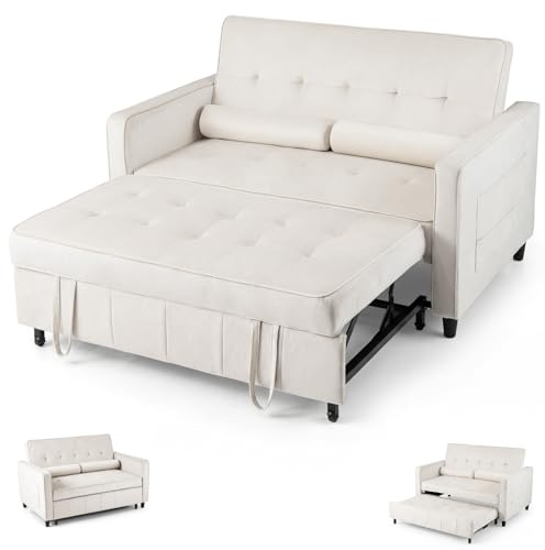 COSTWAY 2-Seater Convertible Pull Out Sofa Bed, Velvet Click Clack Sofa Bed Settee with Adjustable Backrest & Pillows, Upholstered Double Reclining Sleeper Lounge Couch for Living Room Bedroom (Beige)