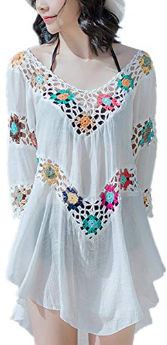 L-Peach Damen V-Ausschnitt Bikini Bluse mit Fransen Damen Bikini Cover Up Sommerkleid Strand One Size Beige