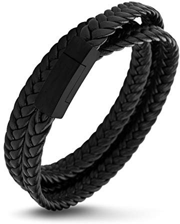 555Jewelry Stainless Steel Braided Double Wrap Leather Twist Rope Chain Cord Adjustable Magnetic Clasp Simple Men Women Unisex Fashion Jewelry Accessory Bangle Bracelet, Black & Black 8 Inch