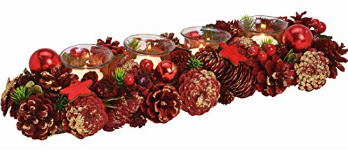 meindekoartikel Adventsgesteck Weihnachtsgesteck aus Holz und Kunststoff mit 4 Windlichter aus Glas für Teelichter (rot-Gold) B45 x H9 x T17cm