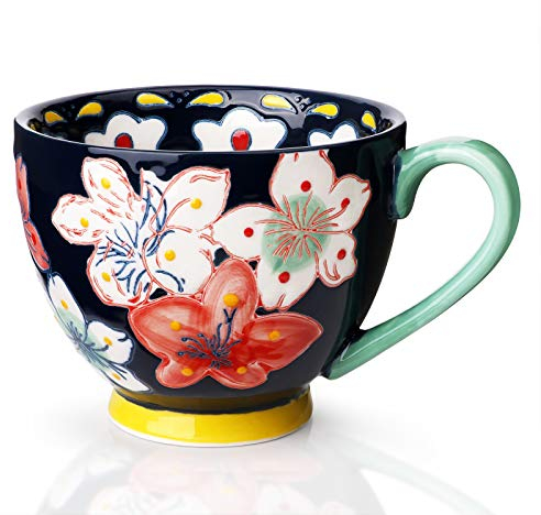 Keramik Groß Tasse, Awanber Kaffeetasse mit Blume Handbemalt 450ml Tee Becher–Beste Geburtstags für Frauen, Mädchen, Freund –Muttertagsgeschenk für Mutter, Oma, Ehefrau, Tochter–Blau