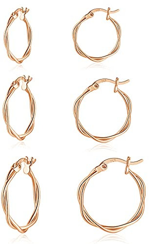 wynn's Silver Hoop Earrings for Women, 3 Pairs Small Sleeper Silver Hoops Earrings Set, Hypoallergenic 925 Sterling Silver Twist Hoop Earrings Set for Women Girls, 13,15,20mm rose gold hoops