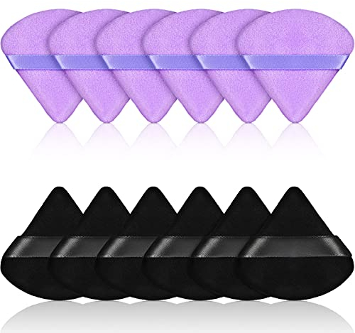 12 Piumini da Cipria Soffio Trucco Triangolo del Viso per Polvere Sfusa Spugna per Fondotinta Cosmetico Corpo Morbido Strumento Trucco Secco Bagnato Polvere Minerale (Nero, Viola)