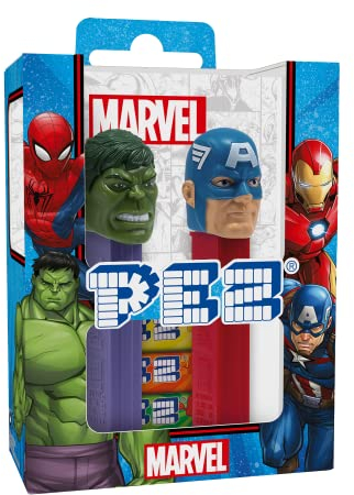 PEZ – Twin pack Licence Marvel – Combinaison unique de bonbons aux goûts fruits et d’un distributeur – Contient 2 distributeurs PEZ + 4 recharges de bonbons personnages - modèles aléatoires