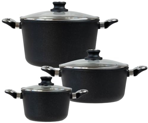 BAF Aluguss Topf Set Induktion 6-tlg. Kochtopf 20 cm + 24 cm und Suppentopf 28 cm - Töpfe Antihaft beschichtet - inkl. Glasdeckel - induktionsgeeignet - Made in Germany