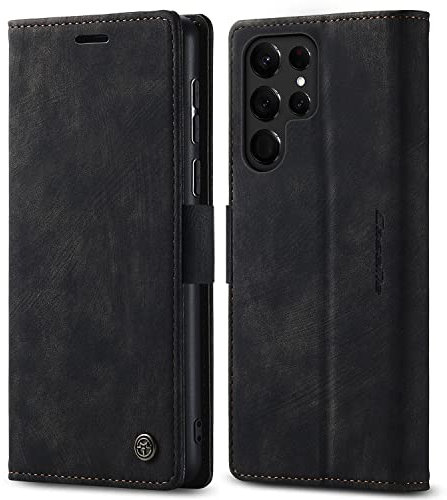PaceBid Hülle Kompatibel mit Samsung Galaxy S22 Ultra 5G, Retro Luxus Leder Schutzhülle mit Kartenfächer, Magnetisches Flip Handyhülle für Samsung Galaxy S22 Ultra 5G Schwarz