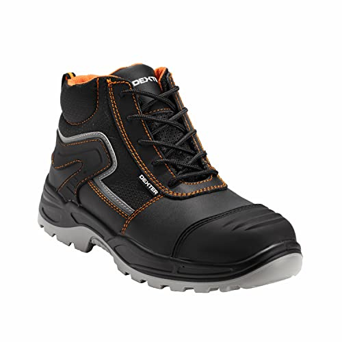 DEXTER - Sicherheitsschuhe - Herren/Damen - Arbeitsschuhe - 38 EU - S3 SRC - rutschfest - Durchtrittsicher - Fiberglaskappe - Wasserdichtes Leder - Schwarz - Orange