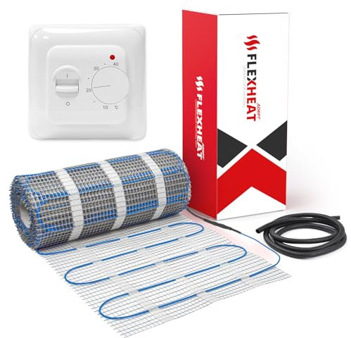 Adept Premium Electric Underfloor Heating Mat Kit 200W per m² with Self Adhesive Backing for Under Tile or Stone Floors - 1m2 Kit - Manual Dial Thermostat