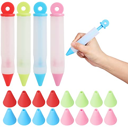 4Pcs Piping Cream Pen, Silicone Pastry Pen Squeeze Cream Gun Nozzles Decorator Icing Decoration Tips with 16 Piping Nozzles DIY Cake, Cookie, Pastry and Desserts Cake Decorating Tools