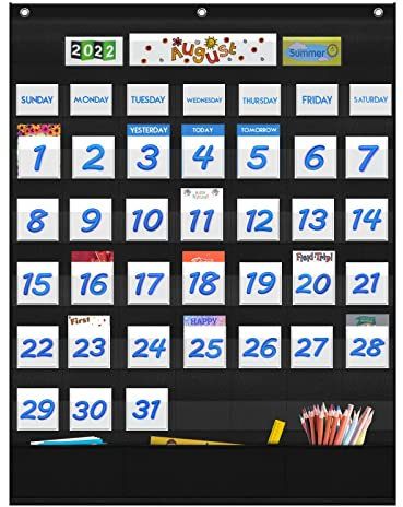 Eamay Monatskalender-Taschendiagramm für Klassenzimmer, mit 45 Fächern, 3 Aufbewahrungstaschen für einfache Wand- oder Standkarte (schwarz)
