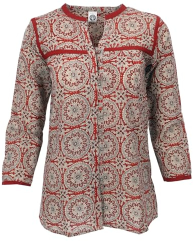 Handbedruckte Bohobluse, luftige Baumwolltunika, Damen, rostrot/beige | 100% Baumwolle, langärmlige Bluse, normaler Schnitt, Blockdruck, feminine Passform, angenehm leicht