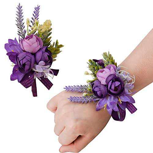 URROMA Handgelenk-Ansteckblume und Boutonniere Set, 1 Set Kleine Rose Lila Handblume für Abschlussball Künstliche Hochzeit Handgelenk Corsage für Hochzeit Party Abschlussball