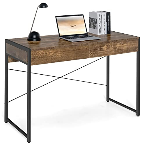 COSTWAY Schreibtisch, Computertisch mit 2 Schubladen, Kleiner Bürotisch, Metall, Industrie-Design, PC Tisch für Arbeitszimmer, Homeoffice, Büro, 112 x 48 x 76 cm (Rustikales Braun)