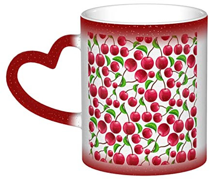 BVMPRS Tasse mit rotem Kirschen, herzförmiger Griff, Keramik, wärmeempfindlich, Farbwechsel, perfekt für Tee, Kaffee und mehr
