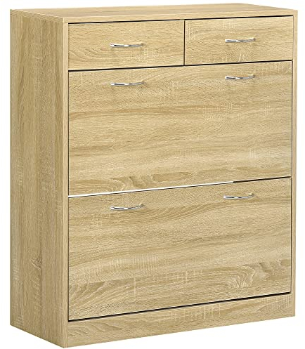 HOMCOM Mueble Zapatero Estrecho Zapatero Entrada Recibidor con 2 Cajones Abatibles y 2 Cajones Extraíbles para 12 Pares de Zapatos para Pasillo 80x30x91,5 cm Roble