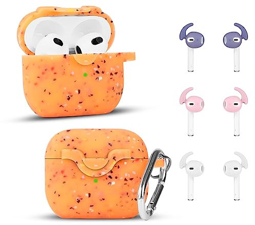 XMBYGY Custodia per AirPods di terza generazione con chiusura di sicurezza, portachiavi e 3 paia di ganci per le orecchie, custodia in silicone custodia protettiva antiurto per AirPods 3 auricolari