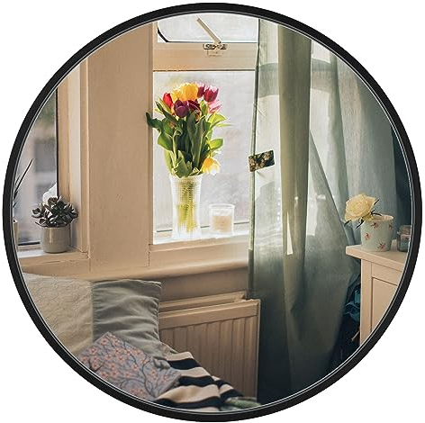 Dripex Specchio da Parete Rotondo 60 cm con Cornice in Alluminio, Moderno Specchio, HD Specchio per il trucco Ideale come oggetto decorativo in Bagno Spogliatoio Soggiorno (Nero)