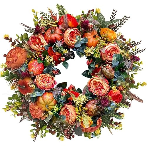 Thanksgiving Haustürkranz, Halloween Herbstkränze Fenster hängende Rosen Pfingstrosen Blumenkränze für Haustür Innen und Außendekoration(A,50cm/19.7in)
