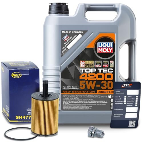 BESTPRICE Inspektionspaket Filterset mit 1x SCT Ölfilter; 5l Motoröl 5W-30 LIQUI MOLY Top Tec 4200; 1x Ölablassschraube mit Dichtring; 1x Ölwechsel-Anhänger