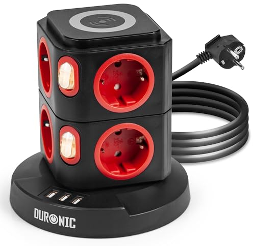 Duronic ET8W Torre Elettrica da 3680W | 8 prese di corrente e 3 prese USB| Stazione di ricarica senza fili da 10W | Spina Schuko | Uscita USB: 5V, 2,4A | Cavo 1.8m