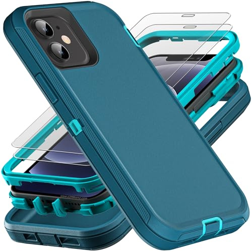 YKHJKLEC for iPhone 12 Mini Case, Military Grade 3 in 1 Heavy Duty Shockproof/Drop Proof/Dust Proof Case with 2Pcs Tempered Glass Screen Protector (Blue/Turquoise)