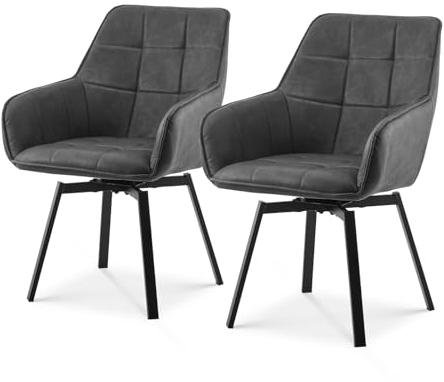 TUKAILAI Esszimmerstühle Drehbar 2er Set, Drehstuhl esszimmer Kunstleder mit Armlehnen Rückenlehne Gepolsterter Sitz Metallbeine, Armlehnstuhl Küchenstühle Polsterstuhl Sessel für Küche (Grau)