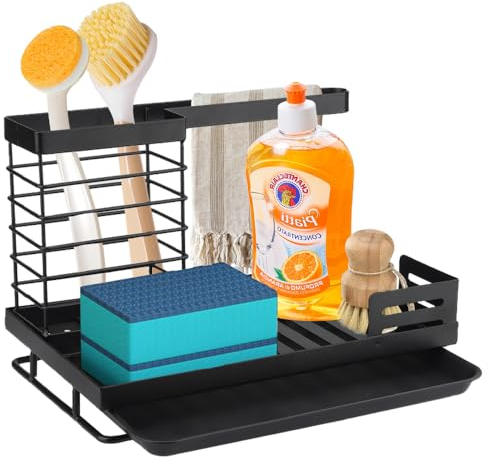 Salubohum Soporte para Esponja de Cocina, Organizador de Fregadero, Caddy de Fregadero, Soporte para Cepillos y Esponjas con Bandeja de Drenaje, Estante de Fregadero de Encimera (Negro)