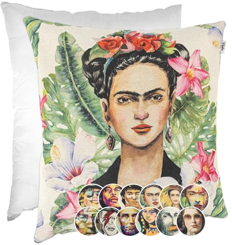 Kissenbezug Dekokissen Gobelin Kissen Sofakissen Kissenbezüge Kissenhülle Zierkissen Pop Art Motiv beidseitig Bedruckt Frida Tropical 40x40cm mit Füllung