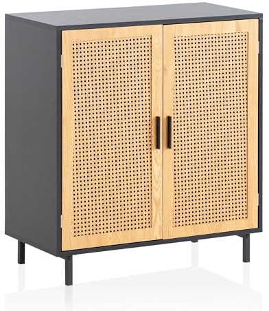 Wohnling Sideboard 80x86,5x40 cm Kommode Schwarz mit Wiener Geflecht, Hoher Kommodenschrank Zeitlos, Standschrank Wohnzimmer mit 2 Türen, Anrichte Rattan