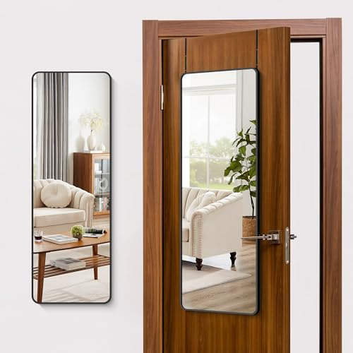 COFENY Miroir Porte, Miroir Porte Suspendu Réglable en Hauteur avec Crochets 105 x 35 cm, Miroir Pleine Longueur Rectangulaire Cadre Noir avec Coins arrondis pour Chambre, Salon