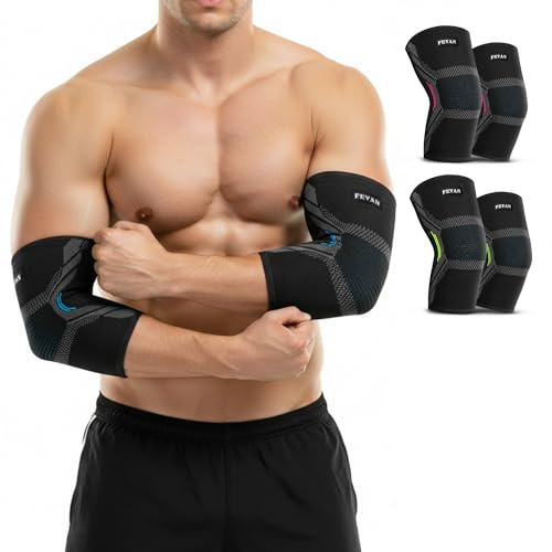 FEVAN Ellenbogenbandage für Epicondylitis und Sehnenentzündung, für Damen und Herren, 2 Stück, für Tennisarm, Crossfit, Golferellenbogen (Blau, S)
