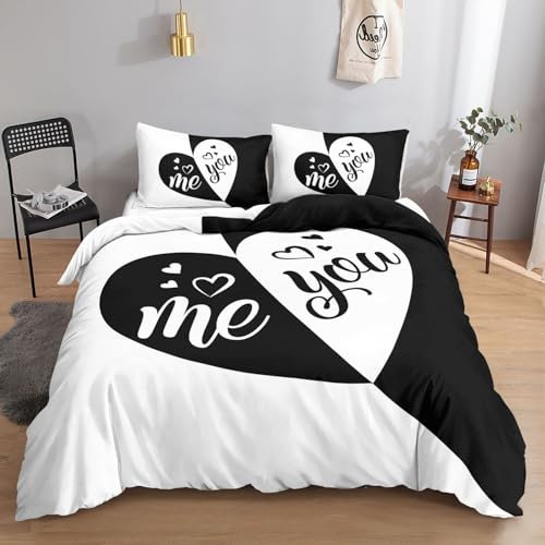 HOSIMA Liebesherz-Bettwäsche-Set für Erwachsene, Jungen und Mädchen - Schwarz-Weißer Druck, Bettbezug Mit 2 Kissenbezügen (S)