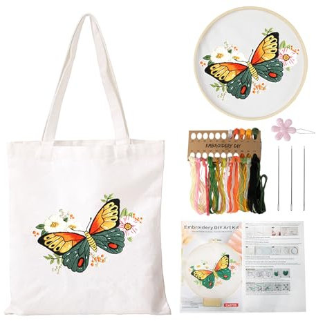 Homewit Canvas Tote Bag Erwachsene, Stickset für Anfänger Tasche DIY Handgemachte Kreuzstich Set mit Stickerei Tasche Weiß Schmetterlings Taschen, Stickrahmen, Farbfäden, Anleitungen und Werkzeug