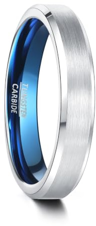 083BASE Unisex Wolfram Ring Schwarz/Silberblau, 4mm/6mm/8mm Breite, Gebürstetes Metall-Design, Schräge Kanten, Damen/Herren Schmuck in Verschiedenen Größen