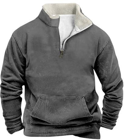 Mens Quarter Zip Sweatshirt Fleece Tops Half Zip Jumper Polo Neck Jumpers Fleece Jacket Sweater Mens Pullover Zipper Fleece Cardigans Casual Long Sleeve Sweatshirt Lightweight Jumper Grey 2Xl