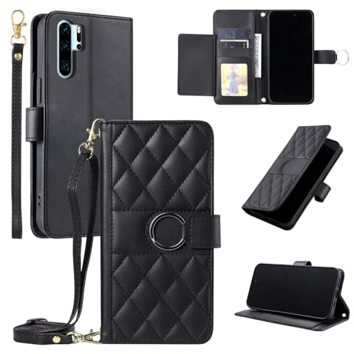 Asuwish Handyhülle für Huawei P30 Pro Hülle mit Band Folie Schutzfolie Kartenfach Klappbar Leder Geldbörse Ständer HuweiP30Pro Hawaii P 30 P30Pro VOG-L29 Handy Hüllen Schutzhülle Phone Case Schwarz