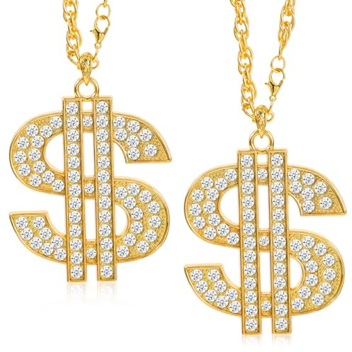 Apausvcm 2 Stück Hip Hop Schmuck,Hip Hop Dollar Halskette,Kette Dollar Zeichen,Hip Hop Kette,Dollar Kette Gold,Rapper Accessoires,Goldkette Herren,80er 90er Jahre Herren Hip Hop Zubehör Halskette