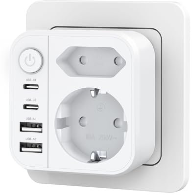OUFUYU Prise Multiple 6-en-1, Multiprise avec 2 Ports USB A & USB C, Prise Murale avec Interrupteur (4000W/16A), Double Prise pour Maison/Bureau/Voyage