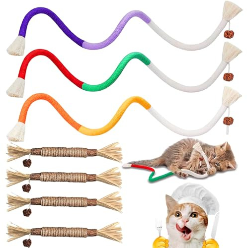 agogue Pack of 2 Zufällige Farben Cat Chew Toys and 4 Catnip Stick,Cat Toy Self-Employment Kauseil Katze, Interactive Teething Rope, for Cats Dental Care and Against Bad Breath CAt Toy
