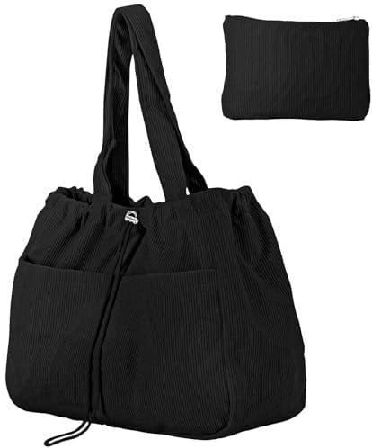 Gluckstar Shopper Tasche Damen,Groß Tote Bag, Cord Tasche Damen Schultertasche, Beuteltasche Uni Cordtasche, Stoff Tasche Cord Tragetasche, Große Handtasche für Schule und Alltag (Schwarz)