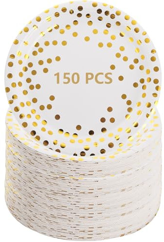 Oungy 150Pcs White and Gold Paper Plates, 7in White Party Plates with Gold Dots, Round Party Plate for Birthday, Anniversary, Wedding Decorations