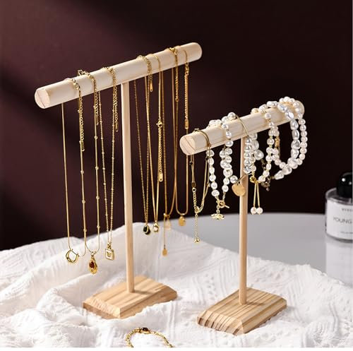 2 PCS Necklace Display Stand, Detachable Necklace Holder Wood T-Bar Jewellery Stand Bracelet Holder for Home, Bedroom, or Vanity (2 Sizes)