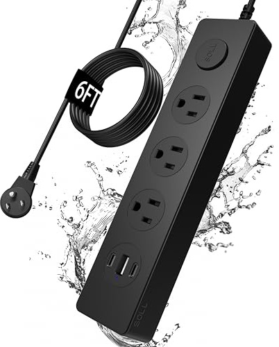 SOLL IPX9 Power Band Outdoor Weatherproof Surge Protection with 3 Sockets with 3 USB Charging Ports (2 USB C), 6 Foot Extension Cable