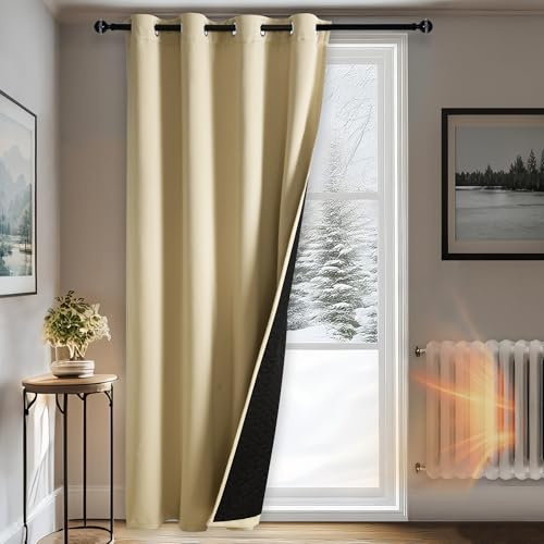 DWCN Thermovorhang Kälteschutz Doppellagige Winter Dicke Türvorhang 1 Stück | Hellbeige, H260 x B140cm, 100% Verdunkelung Vorhänge mit Ösen Wärme Gardine Raumteiler FenstersvorhangSchlafzimmer Wohnzimmer