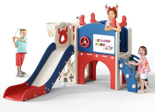Kids Slide Indoor and Outdoor, Large Toddler Slide, L-shaped Slide Slope and Non-Slip Stairs, Freestanding Slides for Age 1-3, Children Climbing and Sliding, Garden Slide (6in1, Blue&Red)