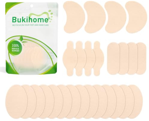 Bukihome Moleskin Adhesive Pads for Feet - Blister Prevention Tape - Moleskin Padding for Blisters, Shoes, Toes, Heel, Reduce Friction Pain - 13 Sheets of 4 Shapes (26 Pieces Total, Beige)