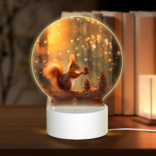 POEZJZW Eichhörnchen-Nachtlicht mit Eichhörnchen-Muster, rund, Acryl, mit USB-Kabel, verstellbar, 3 Farben, für Restaurant, Bar, Café