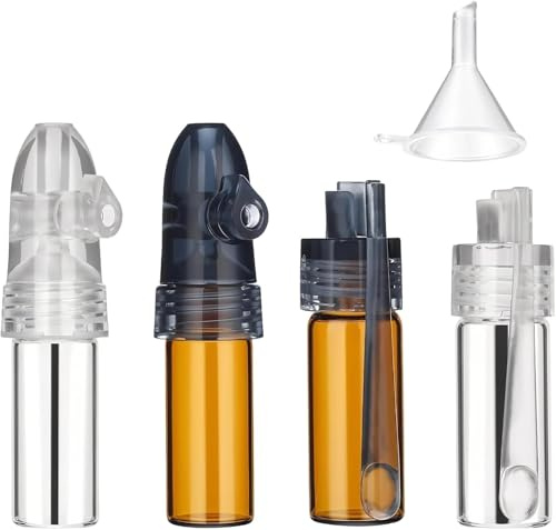 HYMC Mini Glass Powder Dispenser Vials with Spoon Snuff Bottle Kit for Festival Travel Camping Spice Storage Portable Pocket Container with Funnel 4 Pcs Waterproof Airtight Durable