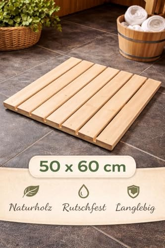 Saunatrap aus Naturholz – Rutschfester Holzrost für Sauna & Dusche – Langlebig, Wasserfest – Saunamatte in verschiedenen Größen (50 × 60 cm)