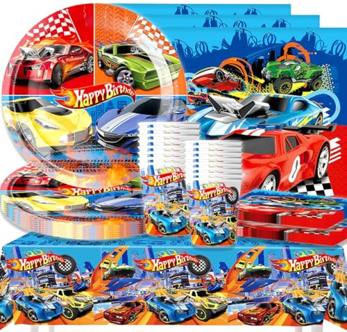Decorazioni compleanno auto corsa,Stoviglie per Feste racing car,Festa a tema corsa piatti tazze tovaglioli tovaglia,SANYUANHE,Macchina party supplies(61 Pezzi)